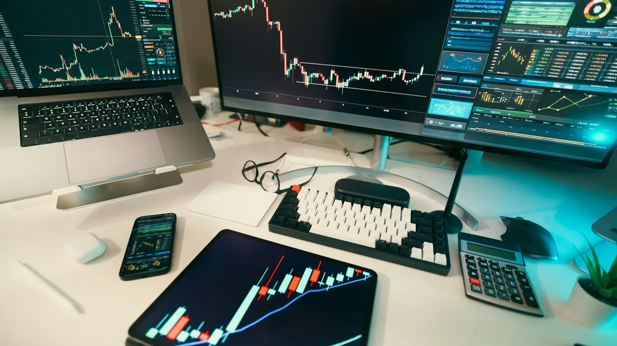 Trading desk with candlestick charts on multiple screens